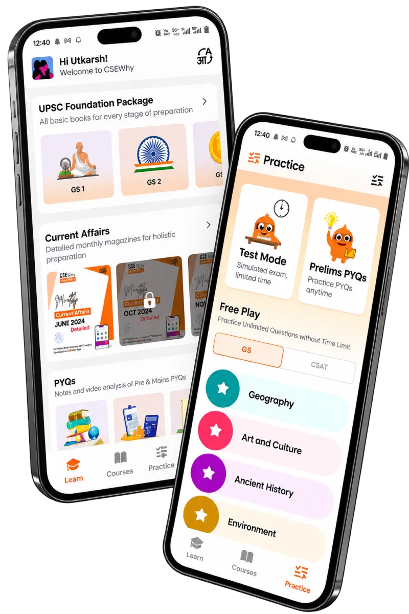 CSEWhy app on two phones showing Learn and Practice screens