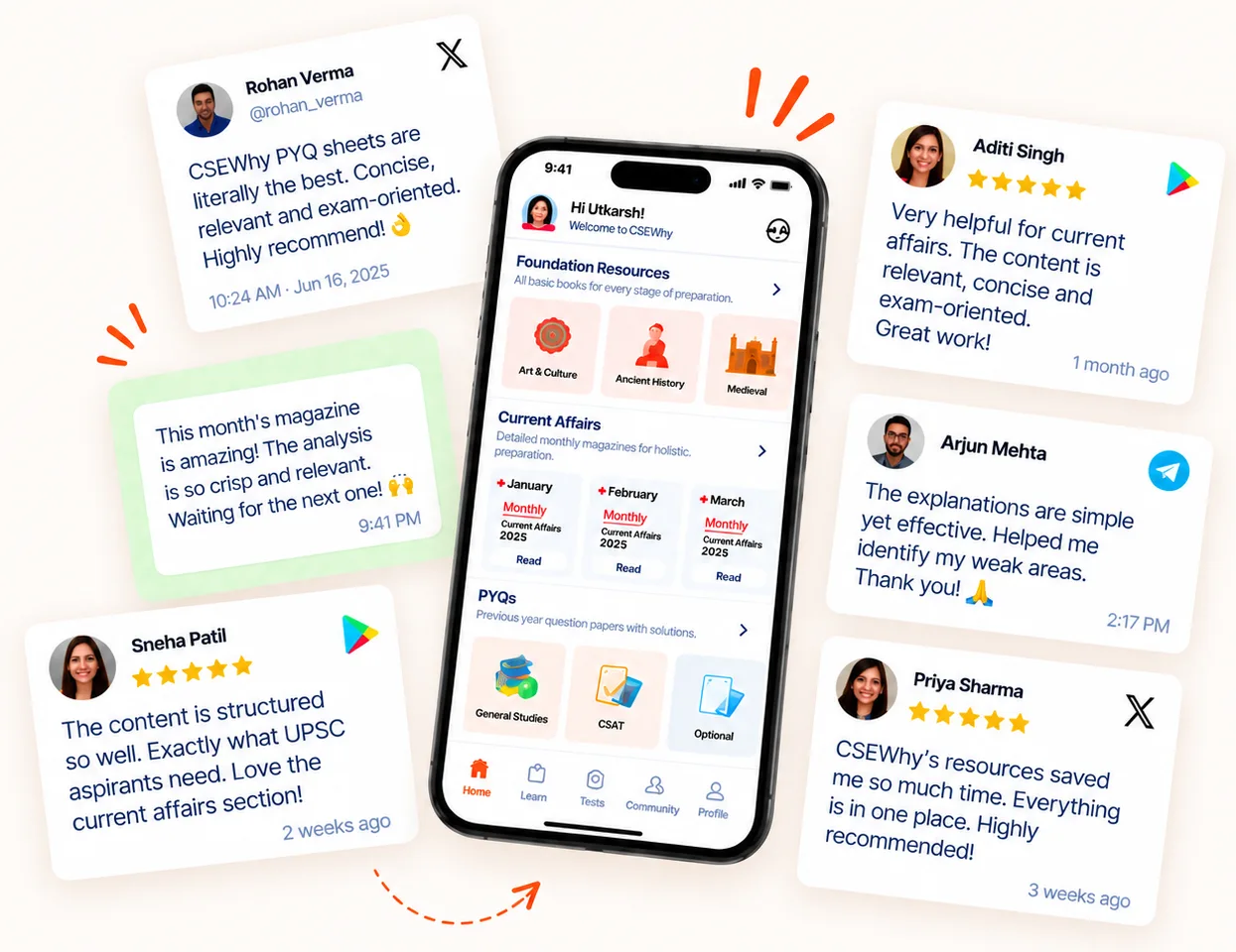 The CSEWhy app with learner reviews from X, WhatsApp, Google Play and Telegram